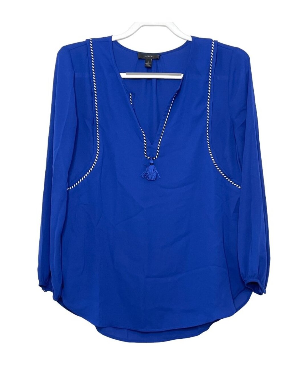 J.Crew Women's Size 2 Blue Split Neck Peasant Blouse Tassel Long Sleeve